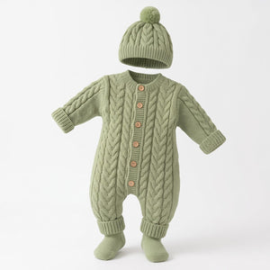Hand Knitted Baby Romper, Sage Green Newborn Outfit