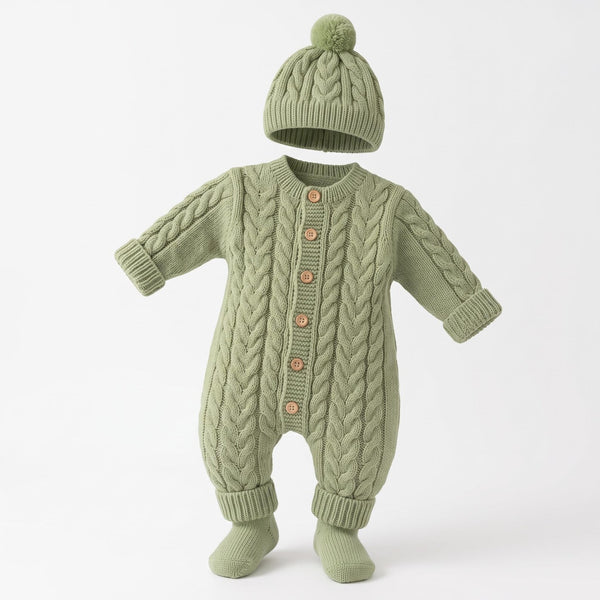 Hand Knitted Baby Romper, Sage Green Newborn Outfit